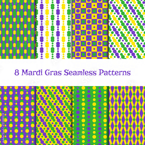 Set of 8 Mardi gras seamless patterns. Fat Tuesday backgrounds. Carnival or party design with beads, diamonds, dots, chessboard in yellow, green and purple. Pattewrn swatches included in Swatch panel.