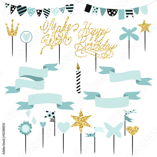Set of decoration, toppers, candles and garlands with flags