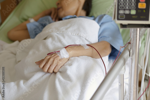 Closeup patient's hand show blood transfusion in hostpital