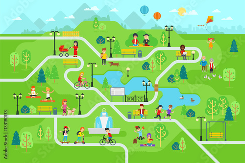 Fototapeta Naklejka Na Ścianę i Meble -  Rest in the park map infographic elements in flat vector design. People spend time relax in nature. Men, women and children rest, jog, ride the bicycle, skateboard. Park map with tree, lamp, bench