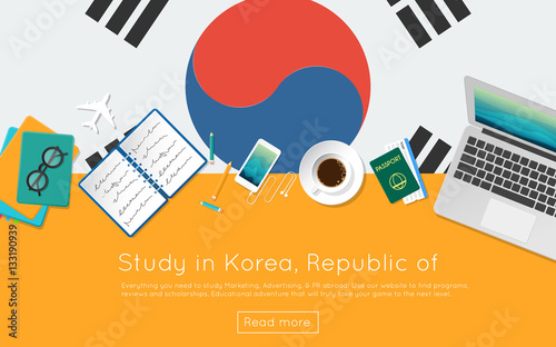 Study in Korea, Republic of concept for your web banner or print materials. Top view of a laptop, books and coffee cup on national flag. Flat style study abroad website header.