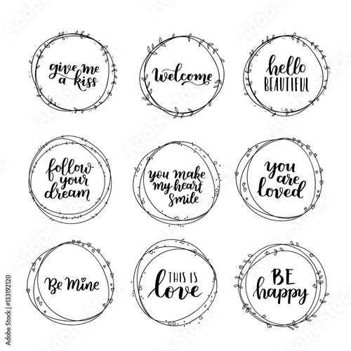 Valentines Day vector wreath set. Romantic floral design for your inspiration. Black ink hand drawn lettering about love and motivation on white isolated background.