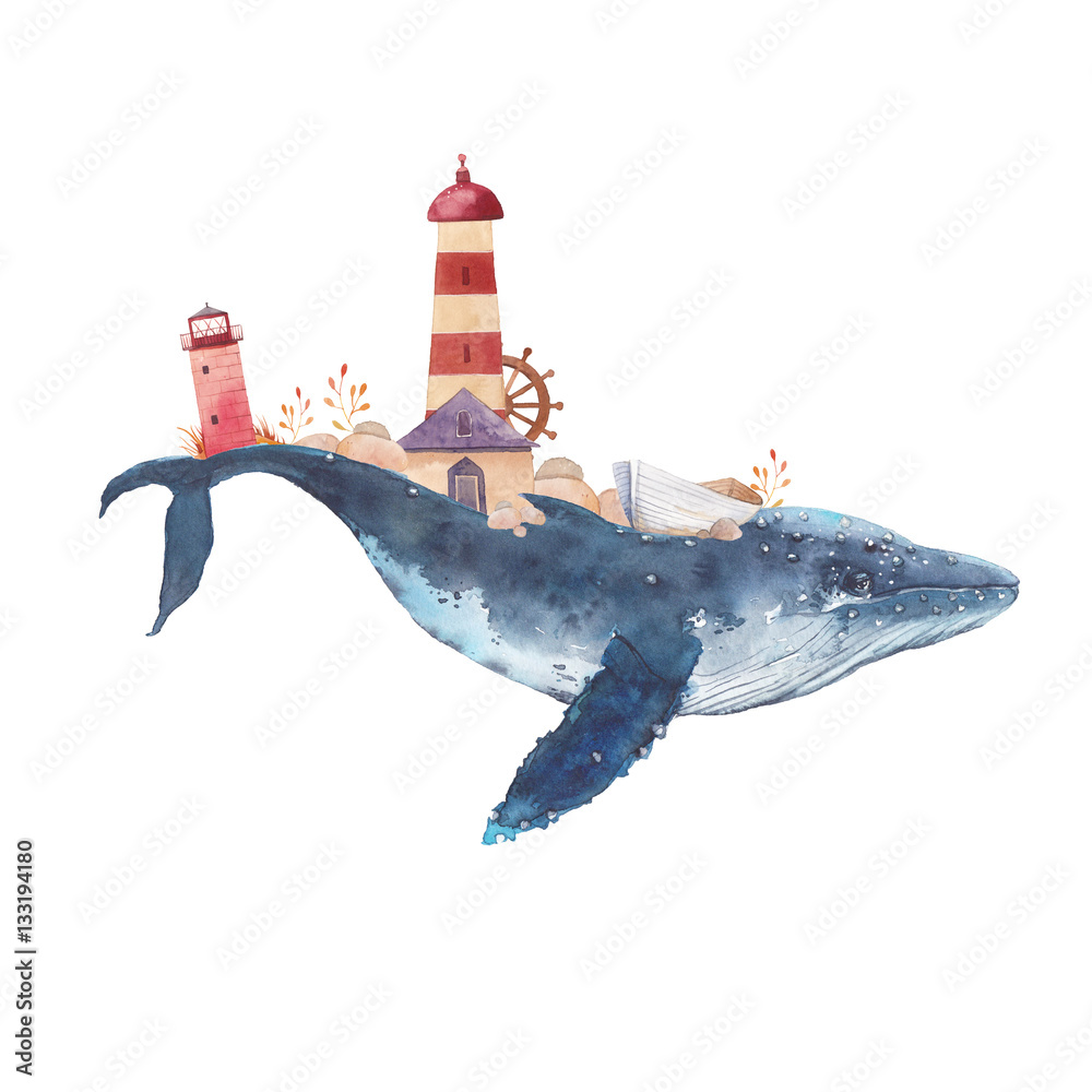 Fototapeta premium Akwarela kreatywny plakat wieloryba. Ręcznie malowany fantastyczny wieloryb morski z latarniami morskimi, roślinami, kołem, starą łodzią, kamieniami na białym tle. Sztuka żeglarska w stylu vintage