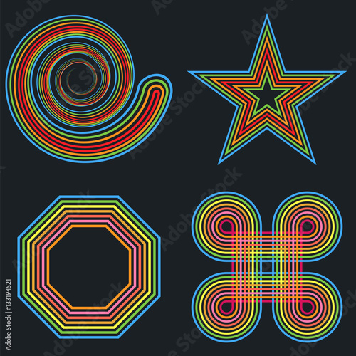 Spiral, star, hexagon, curve. Set of colored vector elements. Nested figures.