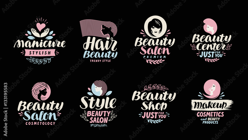 Fototapeta premium Beauty shop, salon, cosmetic or makeup logo. Handwritten in a beautiful calligraphic text, lettering. Label vector illustration