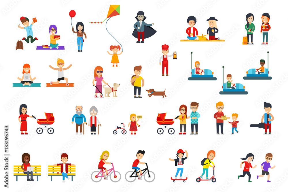 People rest in the park vector flat design isolated on white background for infographic creation. Students, kids, children, women, men, adult, grandparents in colorful clothes do activities, walk.