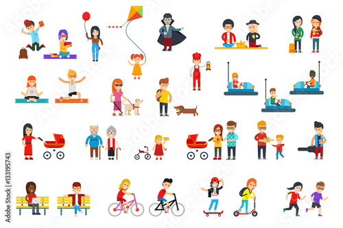 People rest in the park vector flat design isolated on white background for infographic creation. Students, kids, children, women, men, adult, grandparents in colorful clothes do activities, walk.