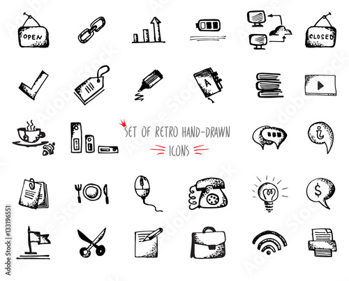 Hand-drawn sketch web icon set - office, economy, seo, marketing