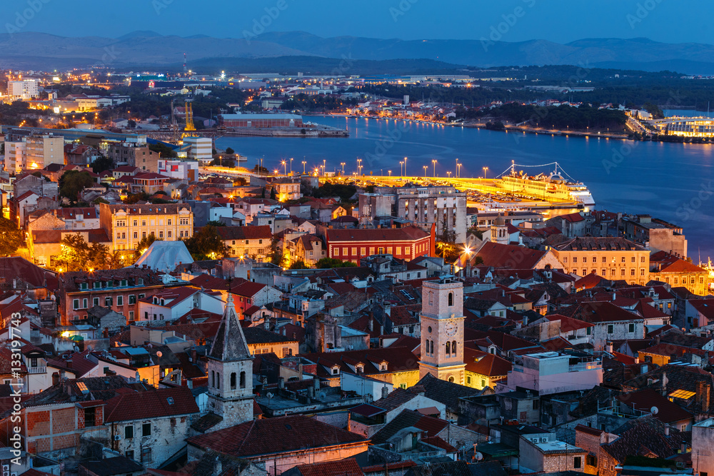 Evening view from above the old town of Sibenik in Croatia from the St. Michael's fortress.