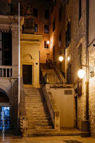 empty night street with stairs in the historic center of Sibenik  Croatia.