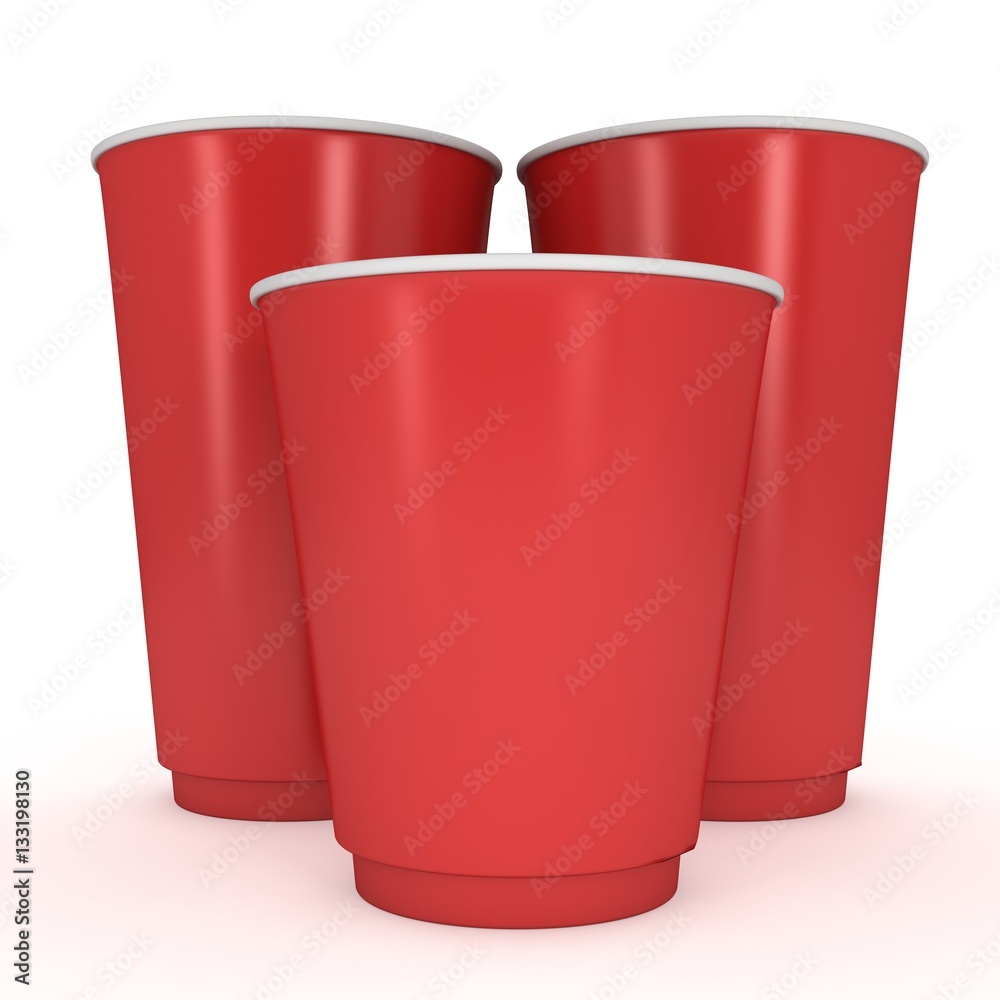 Disposable drink cups. Red paper mug. 3d render isolated on white background Disposable drink cups. Red paper mug. 3d render isolated on white background
