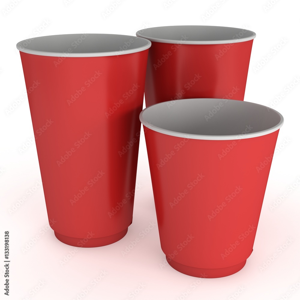 Disposable drink cups. Red paper mug. 3d render isolated on white background Disposable drink cups. Red paper mug. 3d render isolated on white background