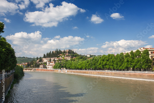 Fototapeta Naklejka Na Ścianę i Meble -  VERONA, ITALY - JULY, 4, 2012: Embankment of river Adige