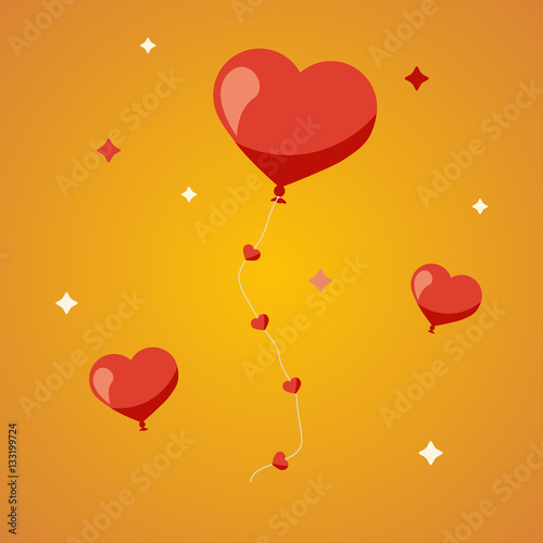 Valentines Day heart balloons on yellow background. Flat design...