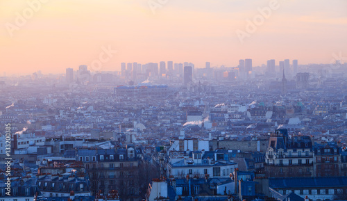 Sunset view of beautiful city of  Paris from Montmartre, France 