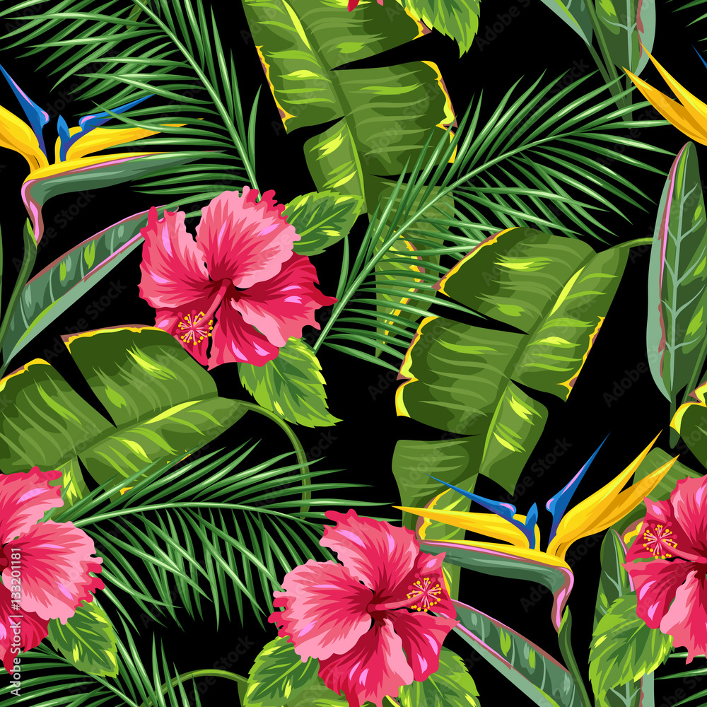 Naklejka premium Seamless pattern with tropical leaves and flowers. Palms branches, bird of paradise flower, hibiscus