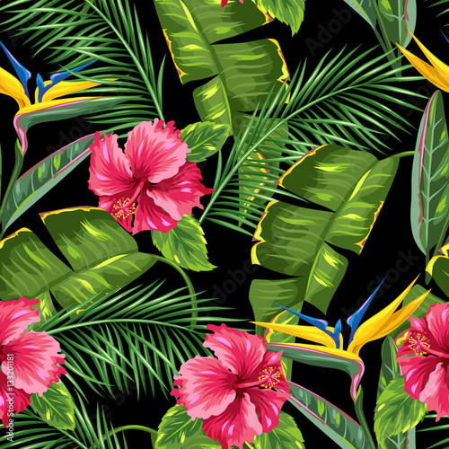 Seamless pattern with tropical leaves and flowers. Palms branches, bird of paradise flower, hibiscus