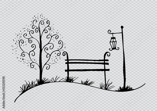 Street lantern, tree and bench in the garden. Sketchy style. photo