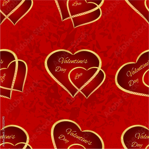 Seamless texture Valentine day two gilded hearts  red background vintage vector illustration