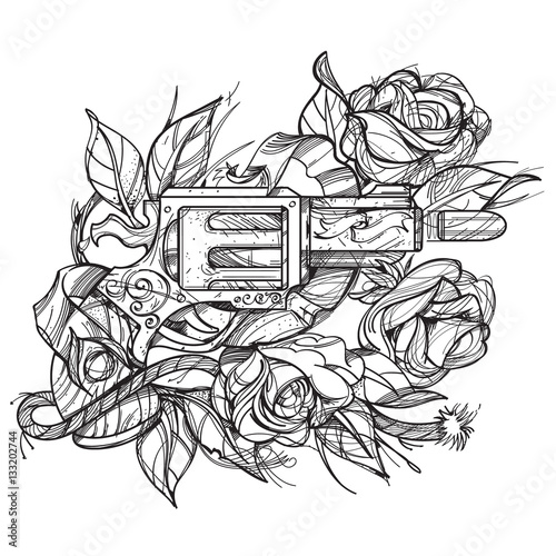 Gun and roses tattoo hand drawing style. Picture for coloring.
