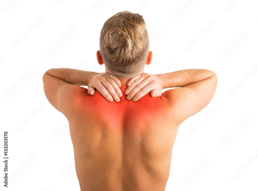 Obraz premium Man with hurting shoulders and upper back problems