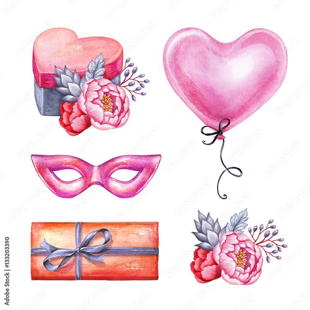 watercolor illustration, Valentine's day clip art, party accessories, heart shape balloon, gift box, carnival mask, flowers watercolor illustration, Valentine's day clip art, party accessories, heart shape balloon, gift box, carnival mask, flowers