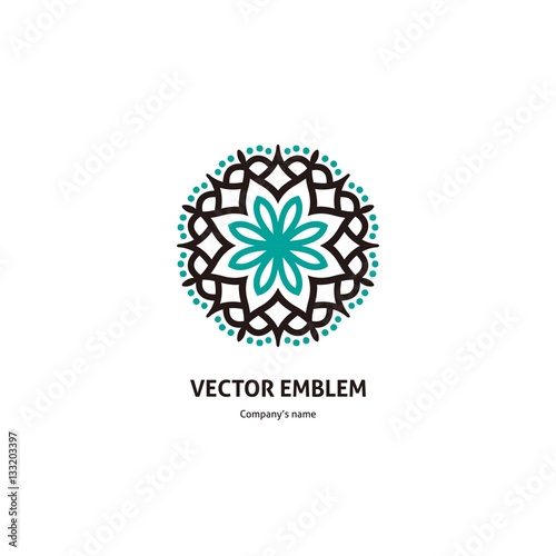 Gentle blue beautiful circular logo for boutique. Kaleidoscope big bud. Mandala.