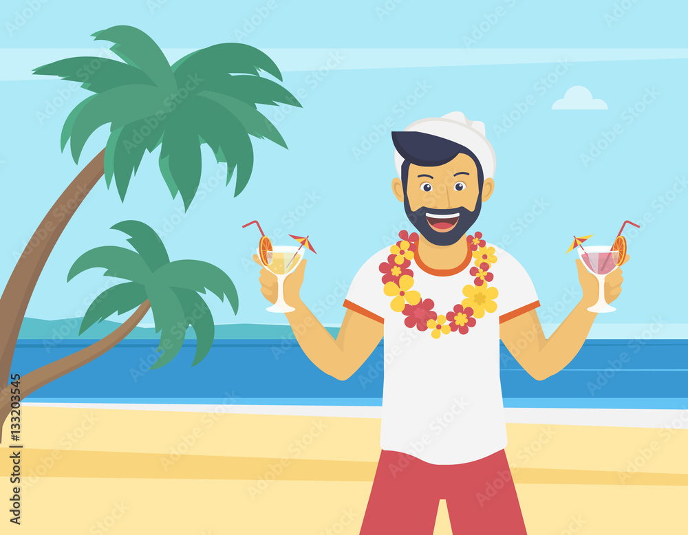 Happy young man enjoying and drinking cocktails on the beach with palm trees. Welcome to the sea beach flat illustration of vacation time spending and relaxing in the seaside Happy young man enjoying and drinking cocktails on the beach with palm trees. Welcome to the sea beach flat illustration of vacation time spending and relaxing in the seaside