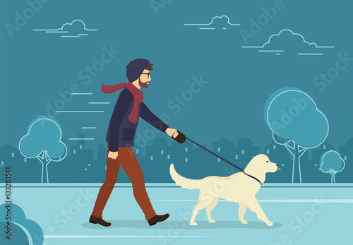 Young man walking outdoors with his dog in the evening. Flat concept illustration of people with pets on the street in blue color