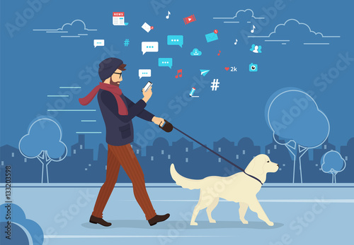 Man walking outdoors with dog in the evening and using smartphone to read news and messages in social networks. Flat concept illustration of people addiction to networks and spending time in internet