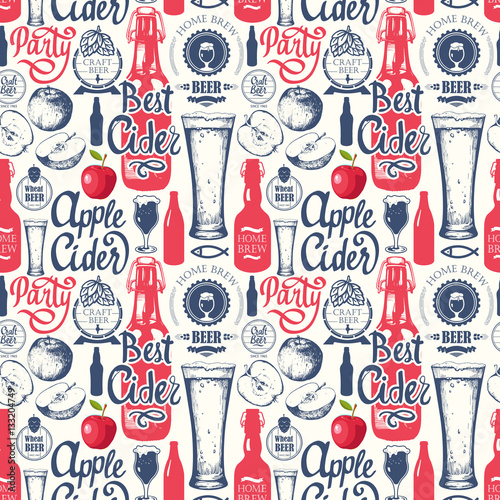 Leinwand Poster Pattern with beer, cider and apple in sketch style