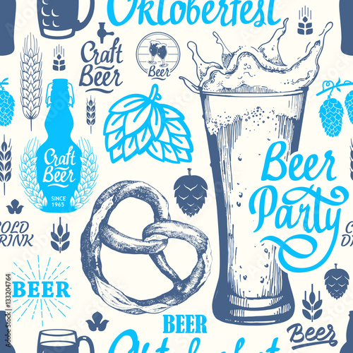 Seamless Oktoberfest background in sketch style. Vector Illustration with pub pattern. Multicolor decor. Different types of beer, cider and snack for your packing design.