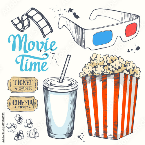 Movie time vector illustration with sketch popcorn bucket, clapperboard, glass of drink, tickets, 3D glasses. Cinema snack. Hand drawn fast food.