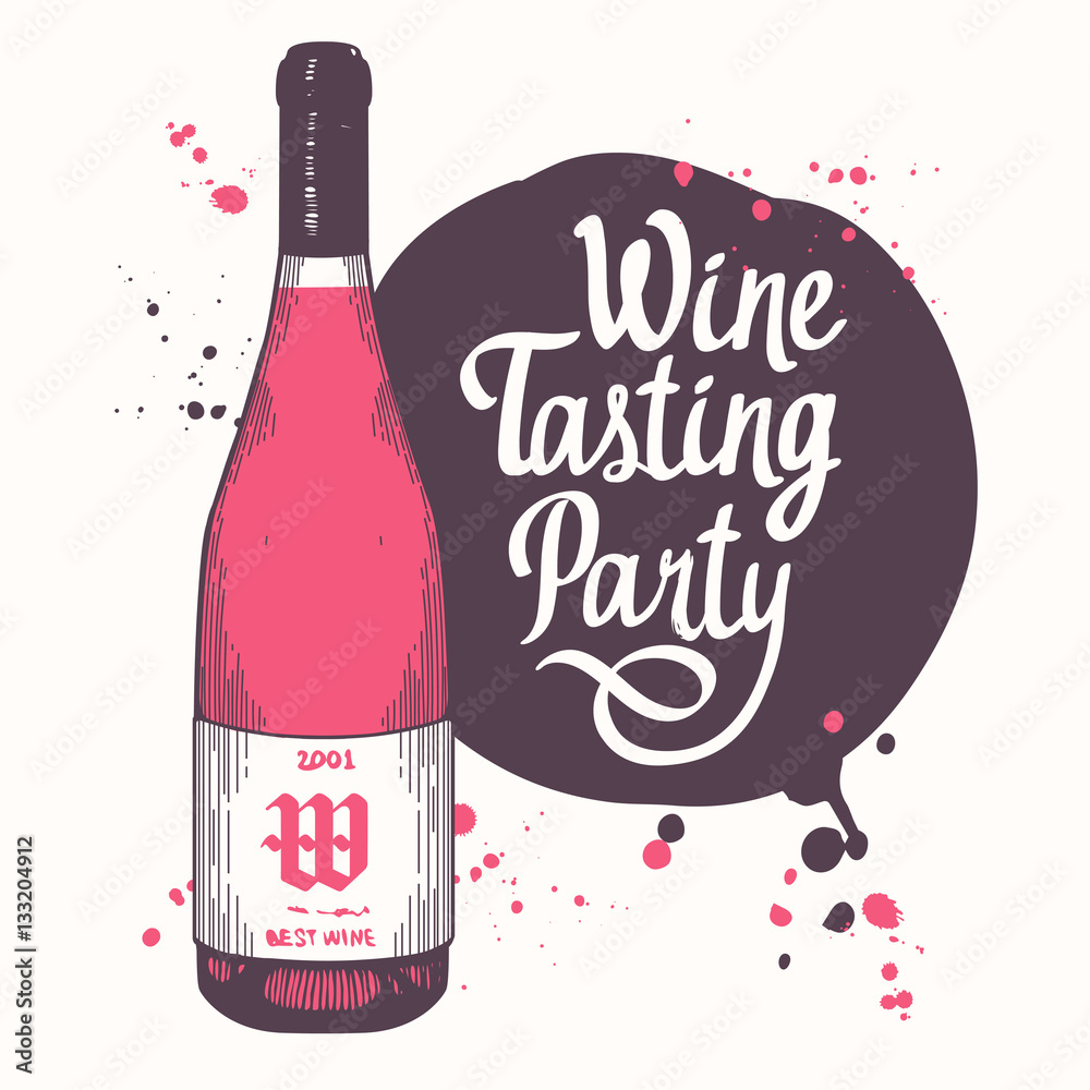 Vector illustration with bottle in sketch style for wine list. Poster alcoholic beverages. Tasting party. Brush calligraphy elements your design. Handwritten ink lettering.
