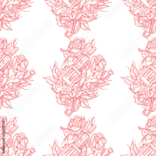 Monochrome seamless outline pattern a gun and roses. Design of surface pattern.