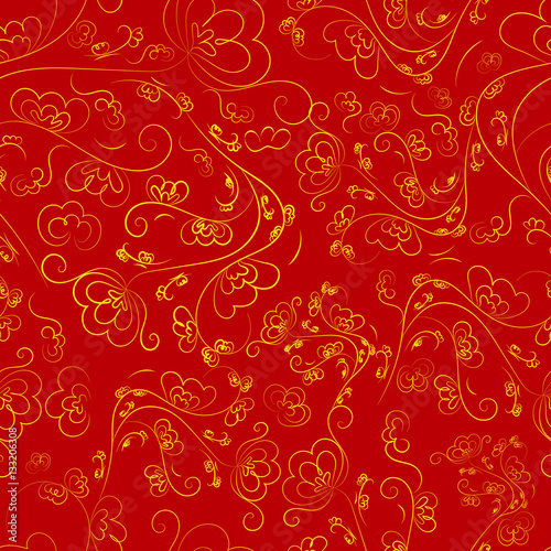 Chinese seamless pattern of red color with a golden ornament.