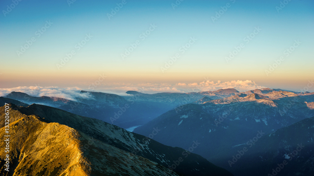 Obraz premium Epic Mountain Panorama View, Sunrise at Musala Peak, Bulgaria