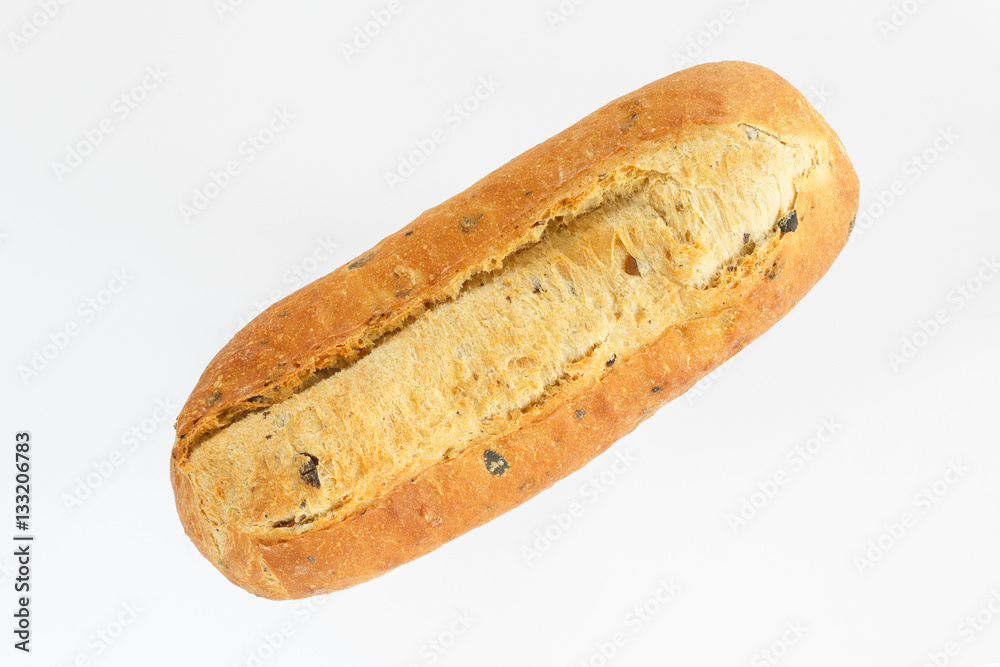 oval bread on a white background top view. European bread loaf of wheat flour with the addition of olive slices. oval bread on a white background top view. European bread loaf of wheat flour with the addition of olive slices.