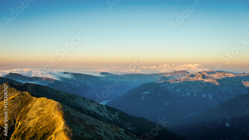 Epic Mountain Panorama View, Sunrise at Musala Peak, Bulgaria