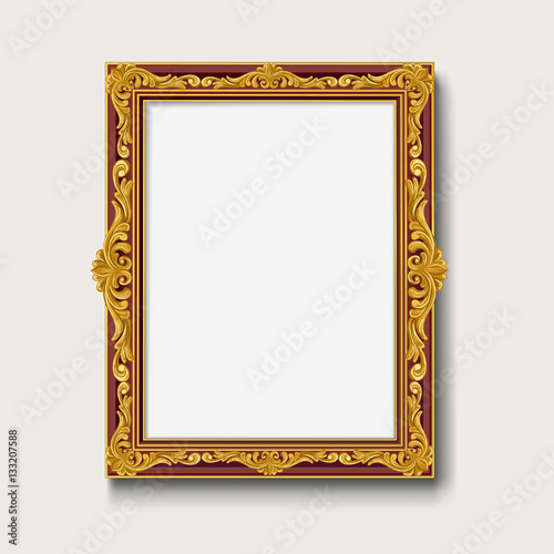 Vintage gold wood photo frame on white background