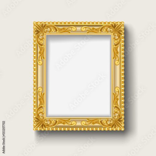 Vintage gold wood photo frame on white background