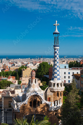 Barcelona, city view from Park Guell (with the fairy-tale Porter's Lodge at the foreground)