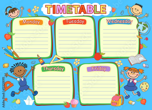 School timetable schedule, colorful vector illustration.