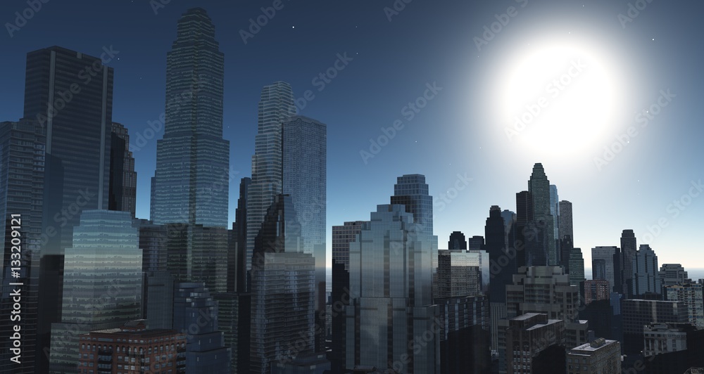 Panorama of the city at night. Skyscrapers view from below.
