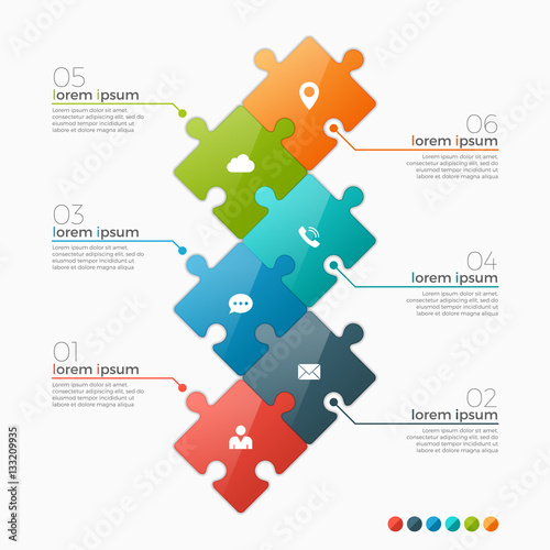 Vector 6 options infographic template with puzzle sections for presentations, advertising, layouts, annual reports