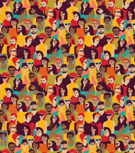 Big crowd happy people color seamless pattern.