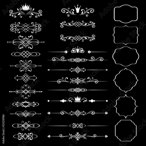 Floral design elements set, ornamental vintage frames with crowns