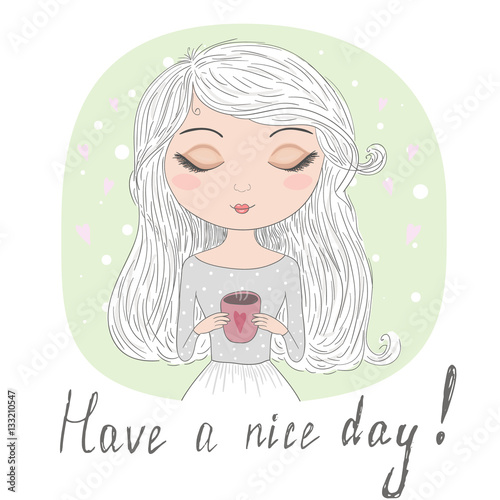 Hand drawn beautiful cute girl with cup in his hands. Vector illustration