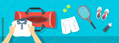 Fitness flat vector background. Man puts tennis stuff for training into sport bag. Top view horizontal banner. Polo shirt, shorts, sneakers, tennis racket and balls. Healthy lifestyle concept.