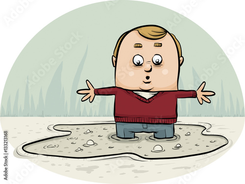 A cartoon man looks down and sees that he has become trapped in and is sinking in a puddle of quicksand.